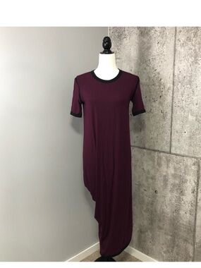 Asymmetrical Short-Sleeve Dress in Plum with Black Trim